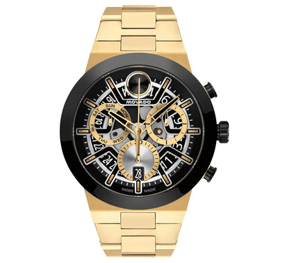Yellow Gold IP Case and Bracelet/Black Ceramic Bezel and Skeleton Chronograph Dial