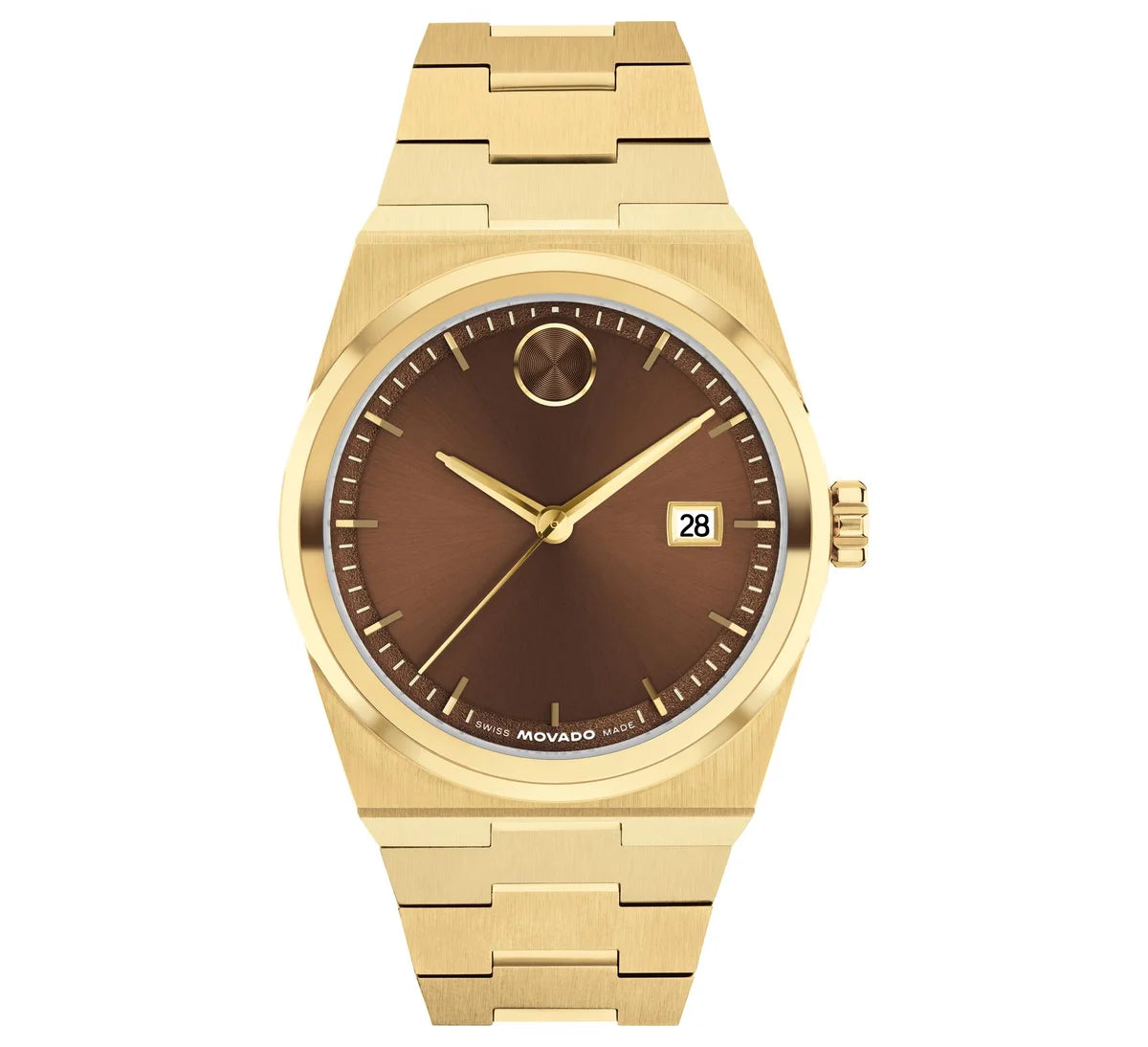 Yellow Gold IP case and bracelet with a rich brown sunray dial
