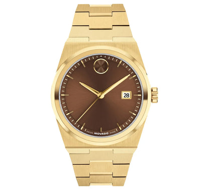 Yellow Gold IP case and bracelet with a rich brown sunray dial