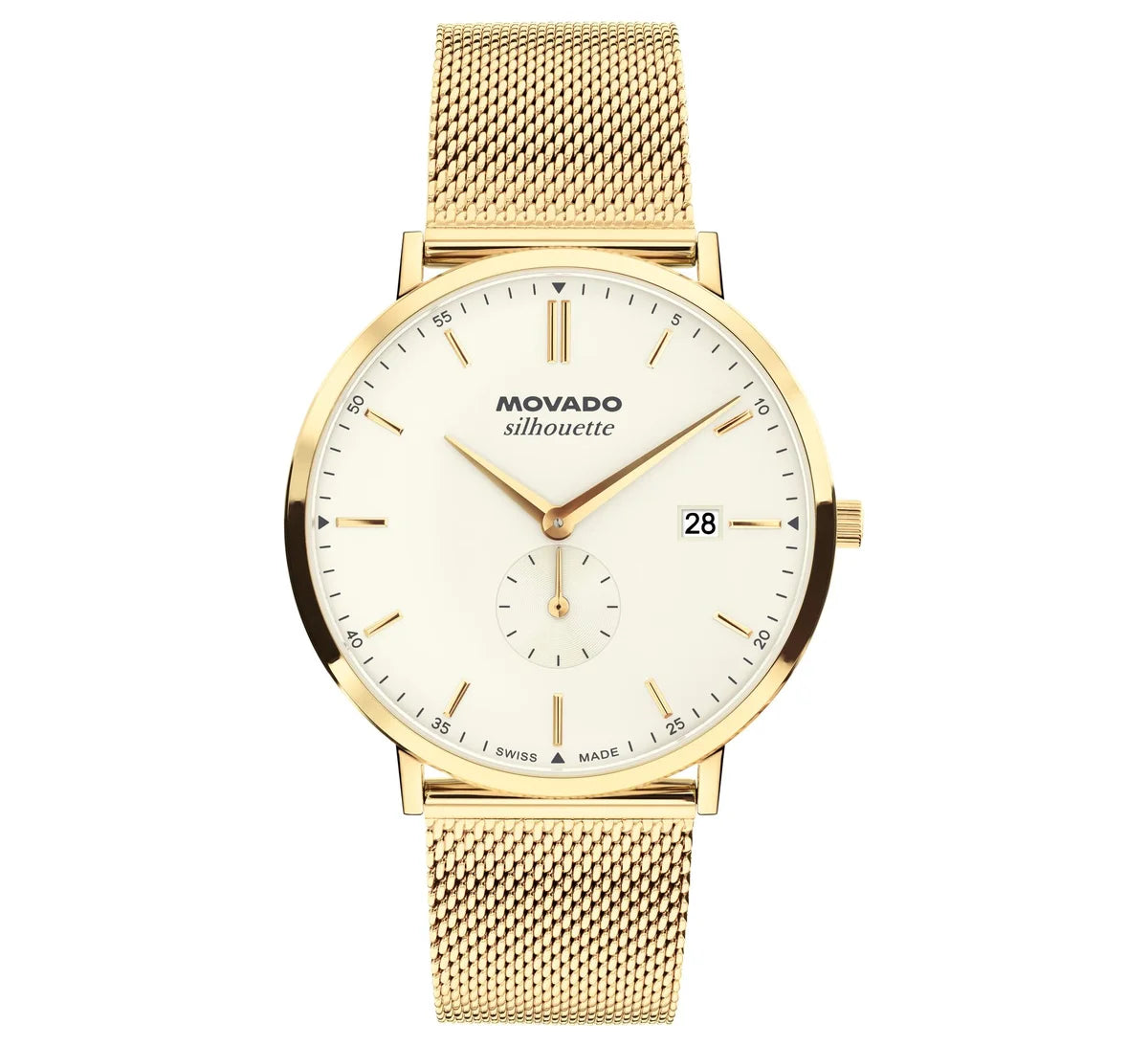 Yellow Gold IP case and mesh bracelet/Ivory powder dial/date window at 3
