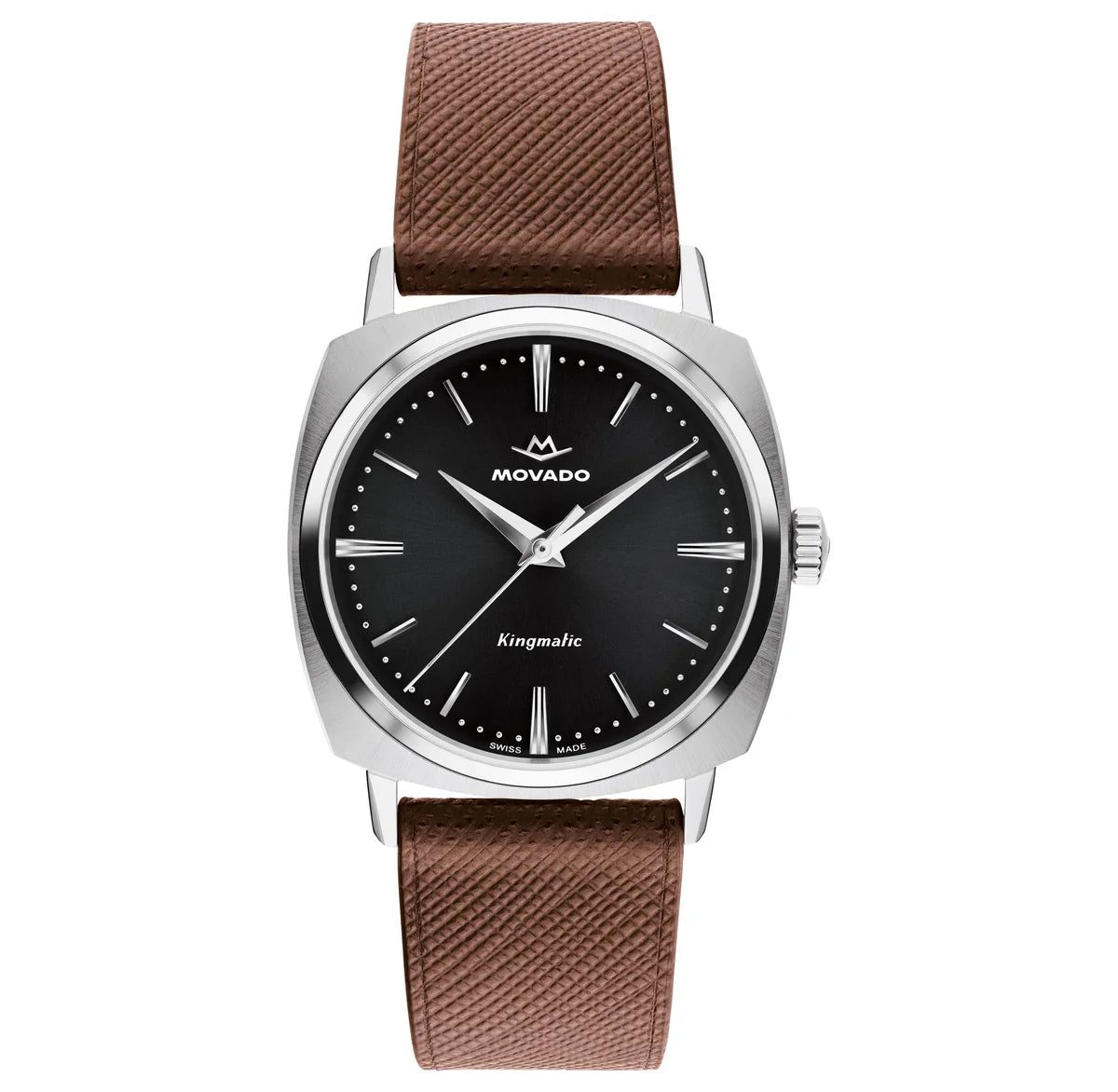 Stainless Steel case/Brown Leather Strap/Black Dial