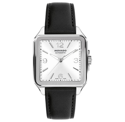 Stainless Steel Case/Black Leather Strap/Silver Dial