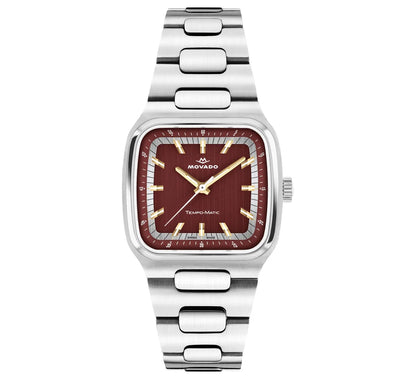 Stainless Steel case and bracelet/Dark red brushed dial/Etched caseback