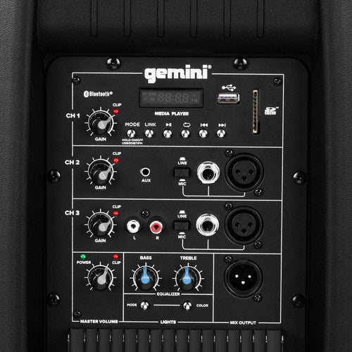 Gemini AS-2115BT-LT-PK 15" 2000W Bluetooth LED Powered PA Speaker Package with Stand & Microphone