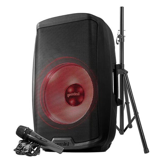 Gemini AS-2115BT-LT-PK 15" 2000W Bluetooth LED Powered PA Speaker Package with Stand & Microphone