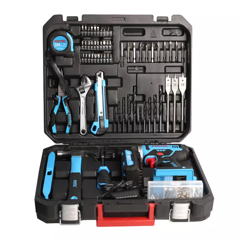 FIXTEC Tools 20V cordless Drill Kit with Battery, Charger & 221 Piece Accessory Kit