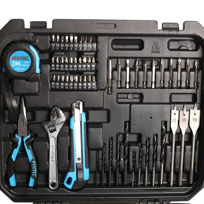 FIXTEC Tools 20V cordless Drill Kit with Battery, Charger & 221 Piece Accessory Kit