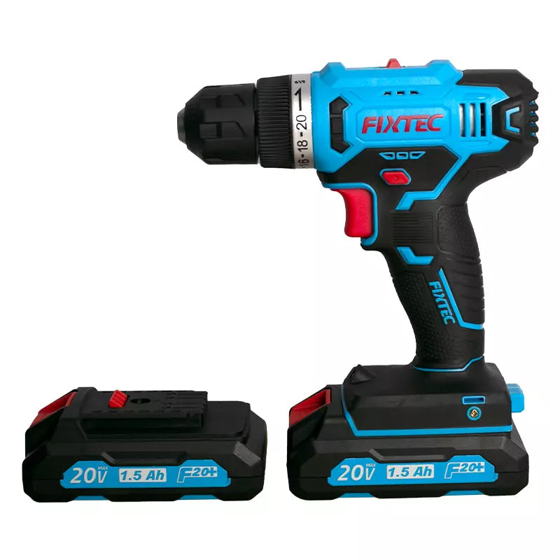 FIXTEC Tools 20V Cordless Drill Kit with (2) Batteries, Charger, Storage Case, Accessories