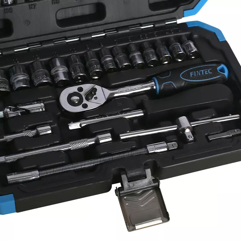 FIXTEC Tools Car Mechanics Tool Set with 1/4 inch Drive Quick Reversible Ratchet Handle (46-Pieces)