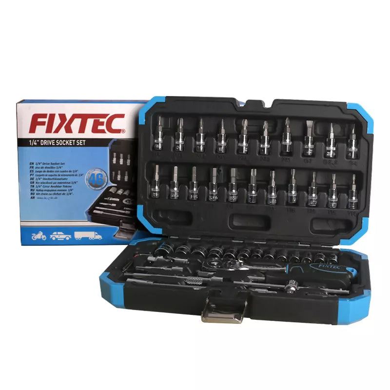 FIXTEC Tools Car Mechanics Tool Set with 1/4 inch Drive Quick Reversible Ratchet Handle (46-Pieces)