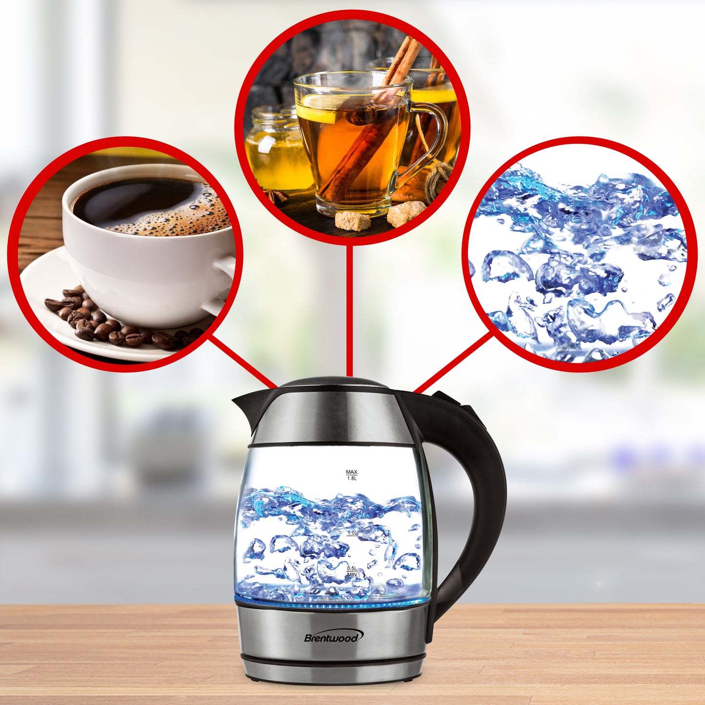 Brentwood 1.8L Cordless Glass Electric Kettle with Tea Infuser