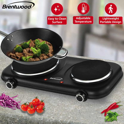 Brentwood 1800w Countertop Double Cast Iron Burner Electric Hot Plates with Temperature Control and Power Indicator Light