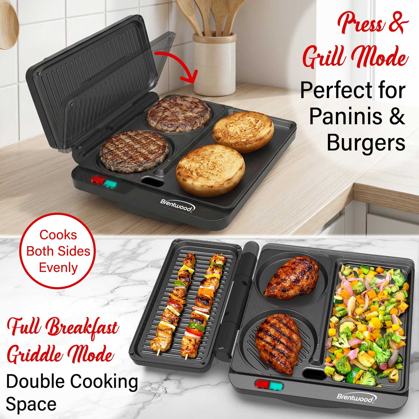 Brentwood 1000w Multipurpose Sandwich Maker and Hamburger Grill with Burger Press