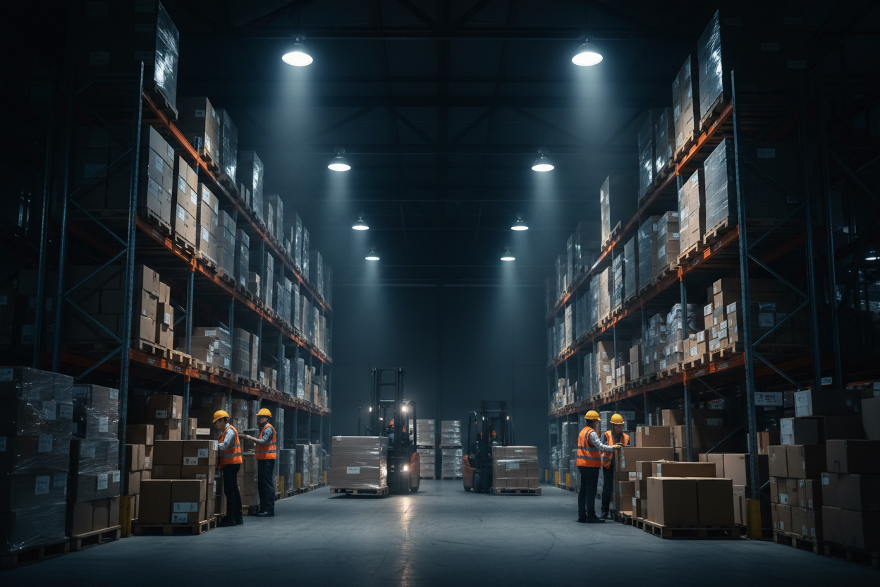 A busy warehouse scene on a dark background
